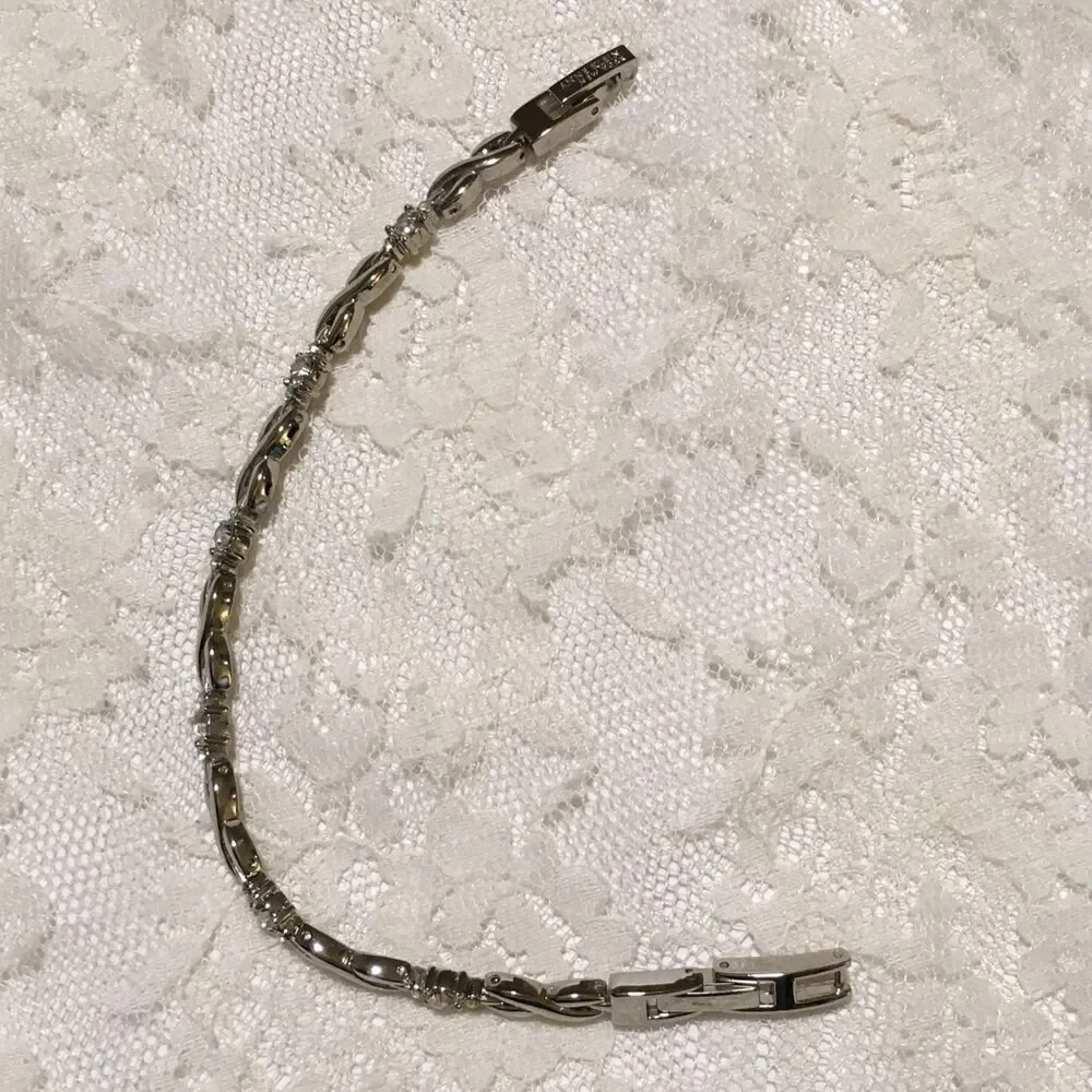 Vintage Anne Kein Chain Bracelet Silver Tone Rhinestone Accents Fold over clasp